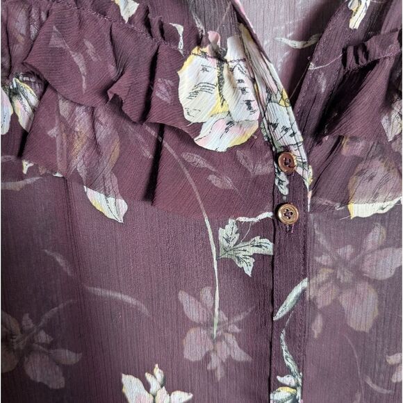 Lauren Conrad Sheer Purple & Cream Floral Ruffle Bell Sleeve Blouse Top Womens l - Picture 4 of 5